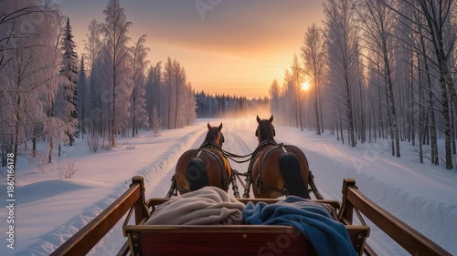 Scenic winter sleigh ride through a snowy forest at sunset, viewed from behind two horses pulling a wooden carriage with blankets. A serene and peaceful path. Video made using Generative AI.
