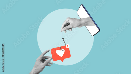 Bild auf Leinwand Online Dating Scam Concept - Social Media Like as Bait on Fishing Hook