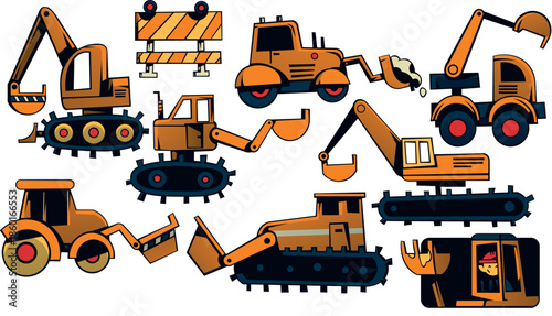 Cartoon Construction Vehicles Set – Excavator, Crane, Bulldozer and Heavy Machinery