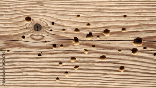 Close up of light brown wood grain with numerous small round holes and a prominent knot texture background