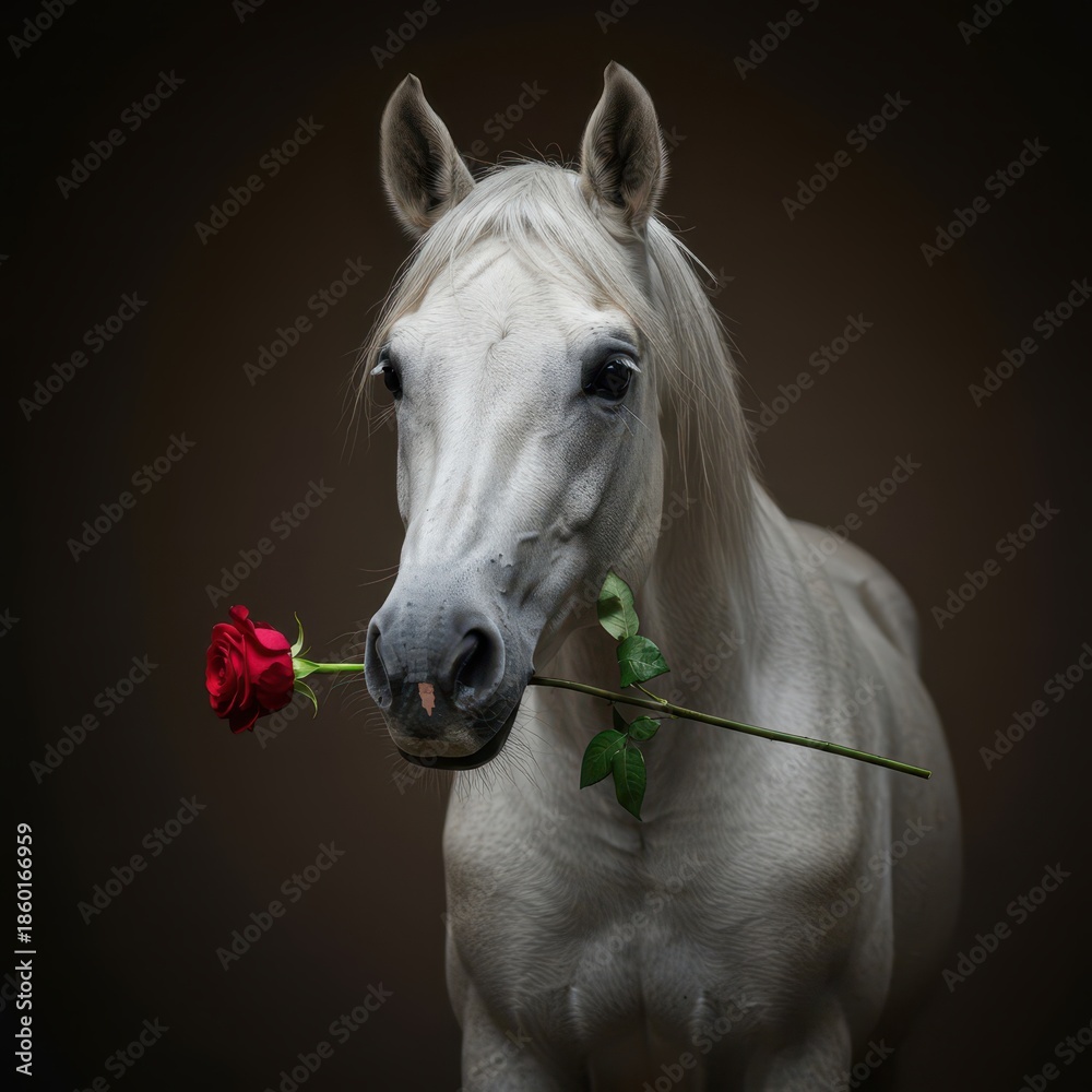 Obraz premium Majestic white stallion headshot holding a beautiful single crimson rose carefully in its mouth against a soft background perfect for romance ,white ,scarlet ,passion
