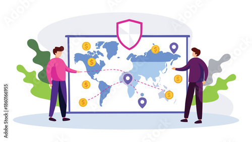 Business professionals analyzing global financial security strategy on world map