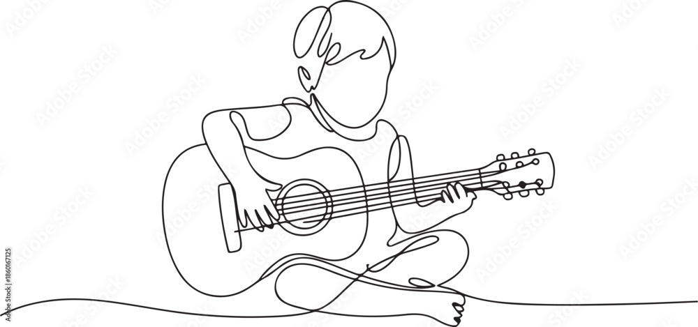 Fototapeta premium Single continuous line drawing of a child holding a guitar.one line vector illustration with out background