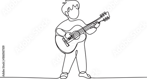 Single continuous line drawing of a child holding a guitar.one line vector illustration with out background