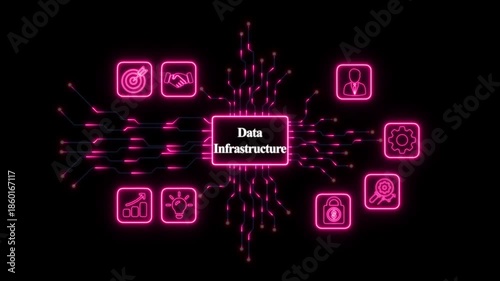 Neon Data Infrastructure Network With Icons On Black Background– Futuristic Digital Technology and Network Concept