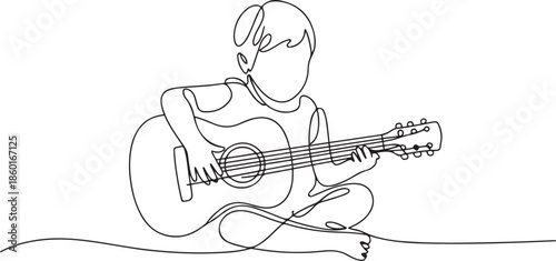 Single continuous line drawing of a child holding a guitar.one line vector illustration with out background