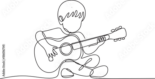 Single continuous line drawing of a child holding a guitar.one line vector illustration with out background
