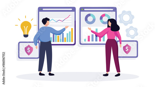 Business team analyzing financial data on screens