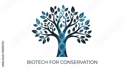 Biotech for conservation features stylized tree with DNA strands, symbolizing innovation
