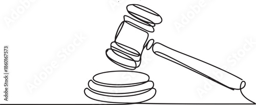 Judge hammer one continuous single line art drawing, One line drawing of judge hammer law symbol continuous hand drawn sketch.one line vector illustration with out background
