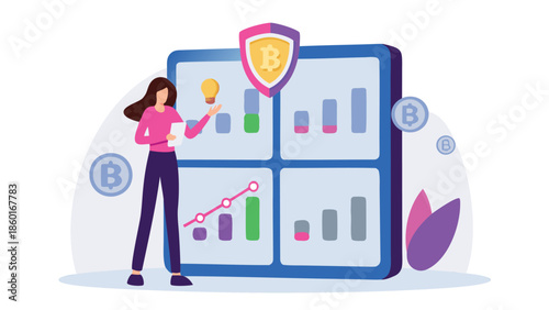 Woman analyzing cryptocurrency market trends with secure shield