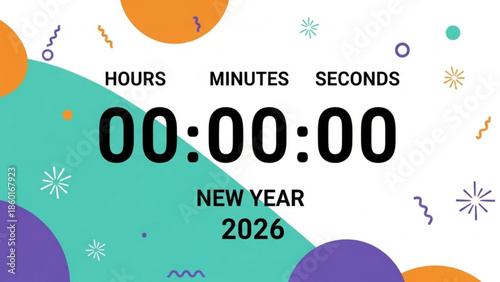 New Year 2026 Digital Countdown Timer with Vibrant Abstract Shapes