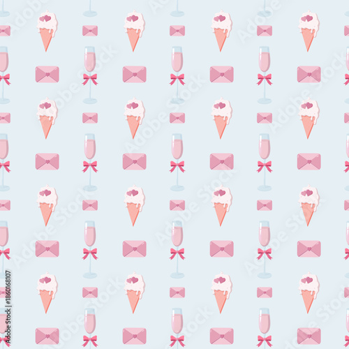 Seamless Valentine s Day pattern with mugs, hearts labeled LOVE, and 14 FEB calendars on pastel blue. Perfect for romantic wrapping paper, greeting cards, and festive backgrounds