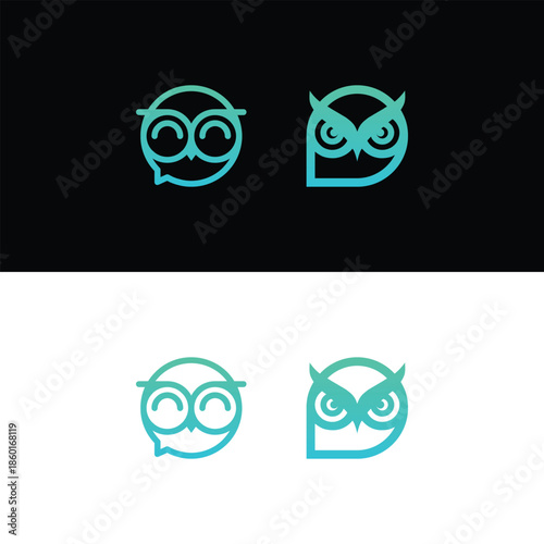 Four owl logos in light blue