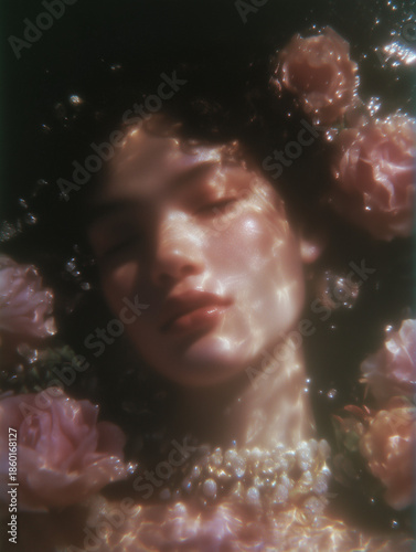 Stylized Photography Portrait of a woman Laying Underwater with Various Flowers and Bubbles Surrounding her