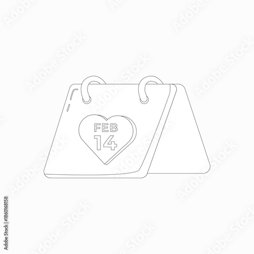 Black and white line drawing of a desk calendar with heart-shaped FEB 14 detail. Perfect for Valentine s Day crafts, coloring pages, and romantic-themed designs
