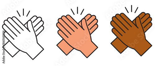 Clapping hands icon set showcasing various skin tones and celebratory gestures