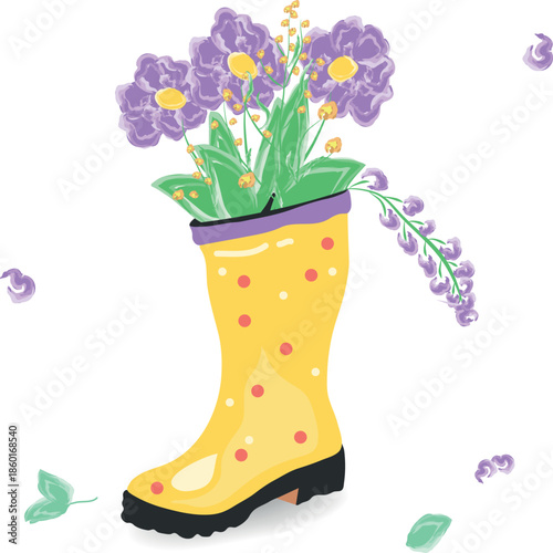 Vector illustration of a yellow rubber boot filled with blooming spring flowers. Cute floral design in flat style, isolated on transparent background. Perfect for cards, posters and decor