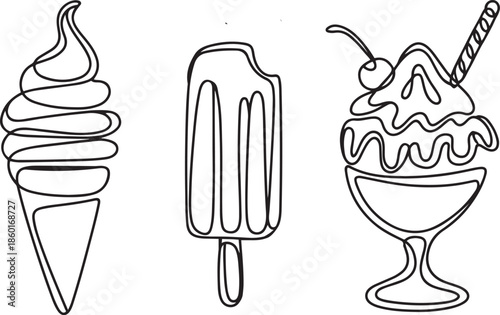Continuous one line ice cream. Hand drawn soft serve frozen desserts, cold popsicles and sundaes vector illustration set.one line vector illustration with out background