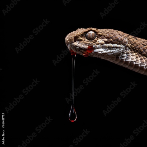 A close up macro view of deadly viper venom dripping slowly from the snake's fangs, showcasing the lethal biological toxin ,predator ,dangerous ,wild