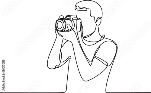 Continuous one line drawing photographer or paparazzi taking photo with modern digital cameras from all angles.one line vector illustration with out background.