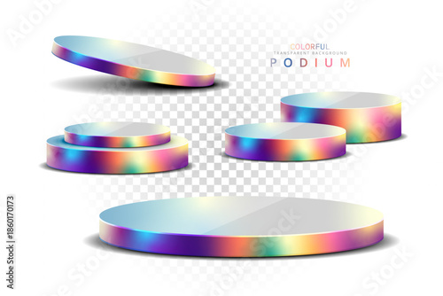 3D Colorful Vector Podium and Pedestal Stage Platform for Product Display Showcase Gradient Holographic Background.