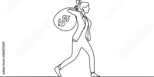 Continuous one line drawing frustrated businesswoman carrying money bag on her back. Finance crisis money fall down.one line vector illustration with out background.