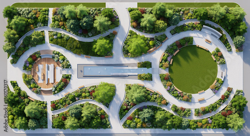 Aerial top view of modern urban park with geometric walking paths, green trees, landscaped garden and seating areas. Concept of landscape architecture, urban planning, sustainable city and public gree