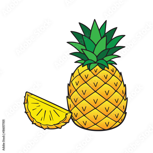 A clean vector design of a pineapple fruit with several cut pineapple slices, drawn in a modern flat style with smooth lines, balanced composition, and a fresh tropical look.