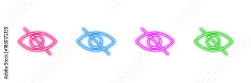 Neon glowing hidden eye vector icons set, invisible, privacy, secret, toggle visibility, web ui ux design, vibrant luminous colors.