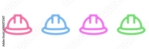 Neon glowing hard hat vector icons set, industrial safety, worker protection, construction helmet, vibrant colorful digital design illustration on transparent background.
