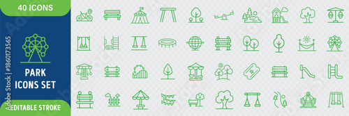 Park Line Icon Set. Outdoor Recreation, Dog Walking, Bench, Gardening, Forest, Camping, Picnic, Playground and Nature Icons. Editable Outline Stroke. Vector Illustration