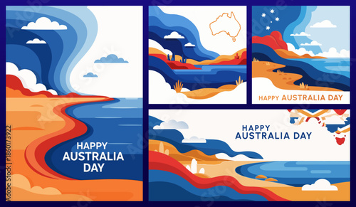 Set of greeting cards for Australia Day with modern abstract shapes depicting Australian landscape: desert, coastline and sky. Clean Modern flat vector illustration