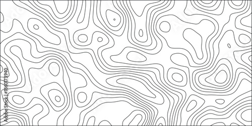 Abstract topographic contour lines map pattern representing elevation changes and terrain features on a white background, creating a scientific and cartographic visual