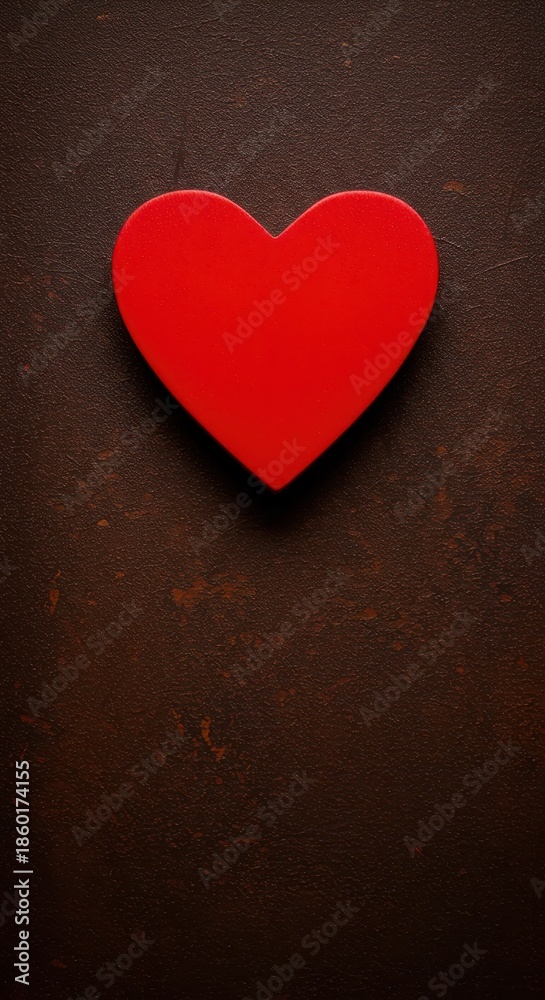 Fototapeta premium A vibrant red heart shape prominently displayed and completely isolated on a rustic, deeply textured brown background, symbolizing passion and love concept ,object ,celebration ,shape