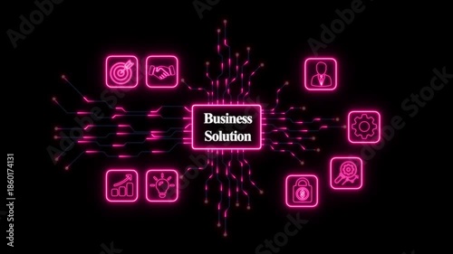 Neon Circuit Board With Business Solution Icons technology– Futuristic Digital Technology and Network Concept