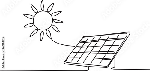 Sun and solar panel continuous one line icon drawing. Energy of sun with ecology power station vector illustration in doodle style.one line vector illustration with out background.