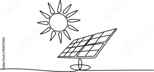 Sun and solar panel continuous one line icon drawing. Energy of sun with ecology power station vector illustration in doodle style.one line vector illustration with out background.