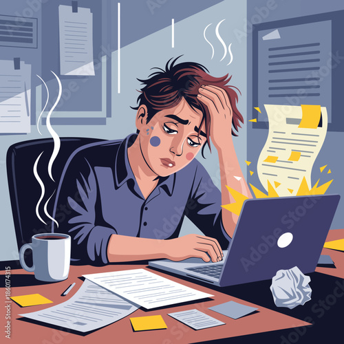 Stressed office worker overwhelmed by paperwork and laptop issues.