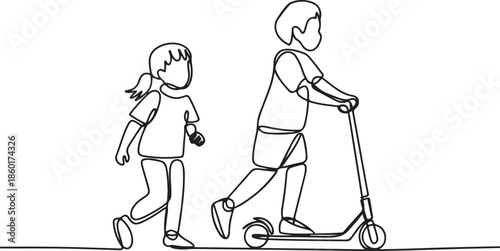 One continuous line drawing of the children playing scooter in the park vector illustration.one line vector illustration with out background.