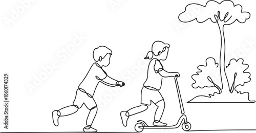 One continuous line drawing of the children playing scooter in the park vector illustration.one line vector illustration with out background.