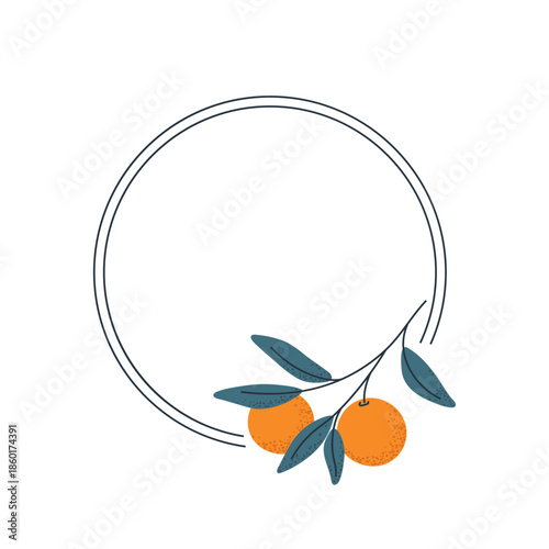 Round minimal circle frame with orange branch, elegant botanical clipart for design projects