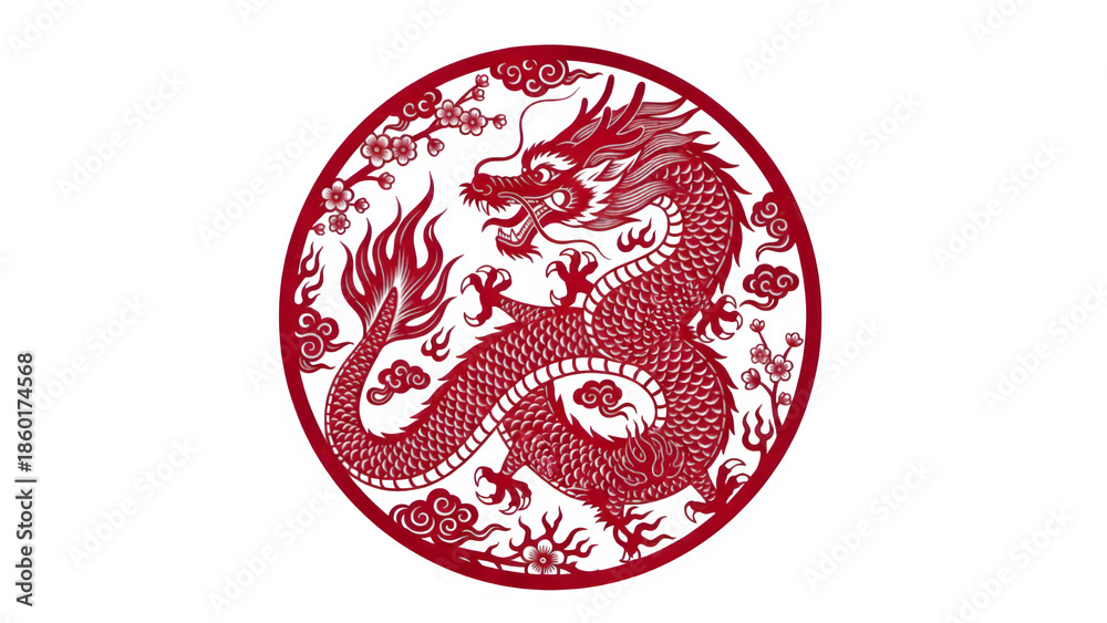 Fototapeta premium Vibrant red dragon in circular frame with cherry blossoms