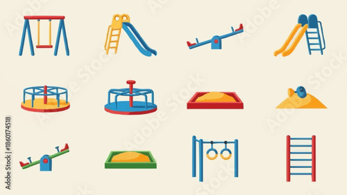 Collection of colorful playground equipment illustrations on a neutral background.