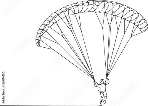 One single line drawing of young sporty man flying with paragliding parachute on the sky.one line vector illustration with out background.