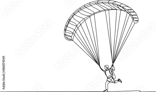 One single line drawing of young sporty man flying with paragliding parachute on the sky.one line vector illustration with out background.
