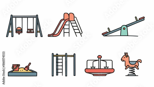 Collection of colorful playground equipment illustrations.