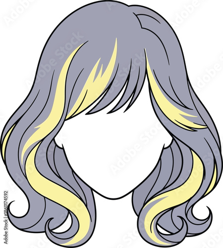 Stylish anime-inspired wavy bob hairstyle featuring grey hair with vibrant yellow highlights