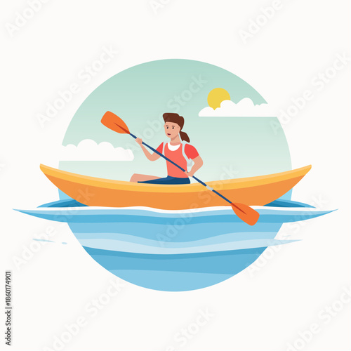 Woman kayaking on serene lake with sunny sky