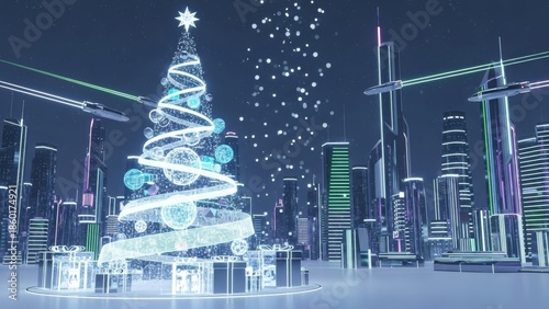 Futuristic Christmas Tree in a Neon Cityscape with Snowflakes